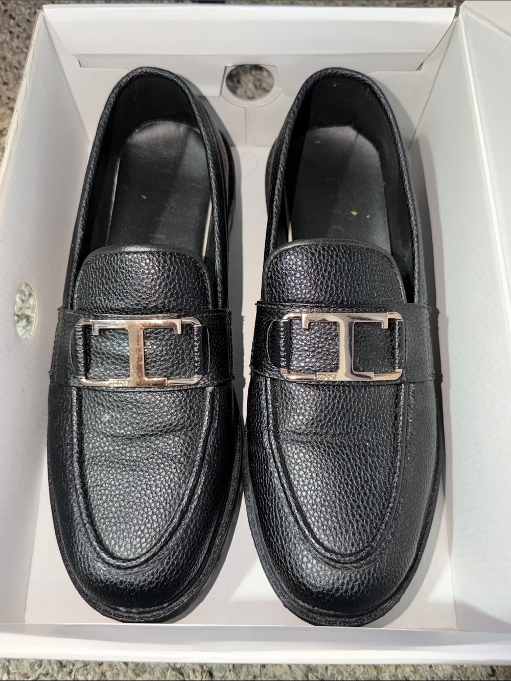 Men's Black Leather Slip-On Loafers with Silver Buckle